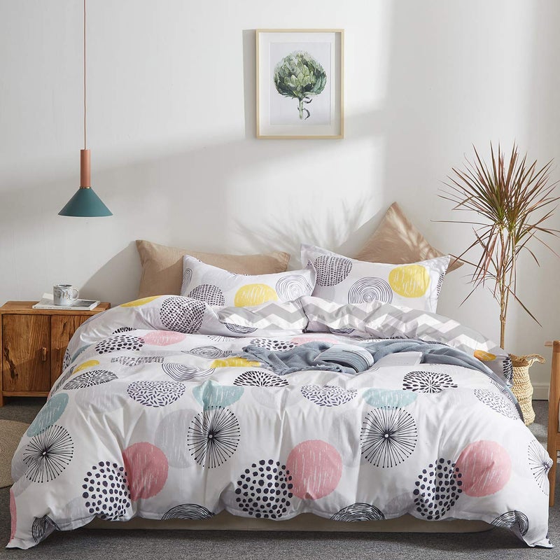 Uozzi Bedding 3 Piece Duvet Cover Set Queen (1 All Season Design Summer Duvet Cover + 2 Pillow Shams) with Colorful Dots, 800 - TC Comforter Cover with Zipper Closure, 4 Corner Ties - Pink Gray Yellow Circles - Image 2